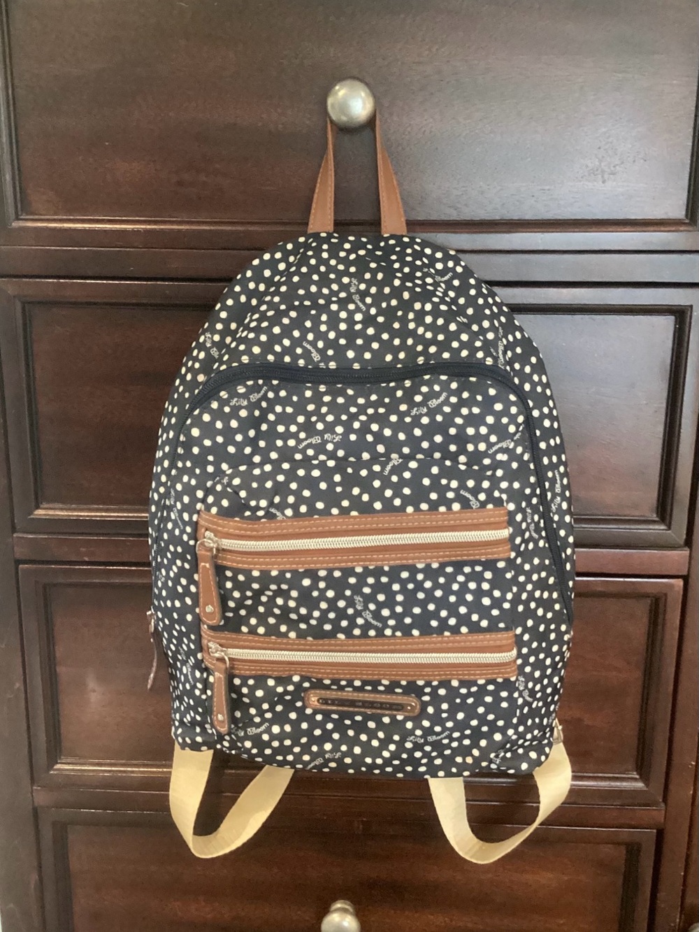 Lily Bloom Navy Polka Dot Backpack with Tan Accents NWOTs